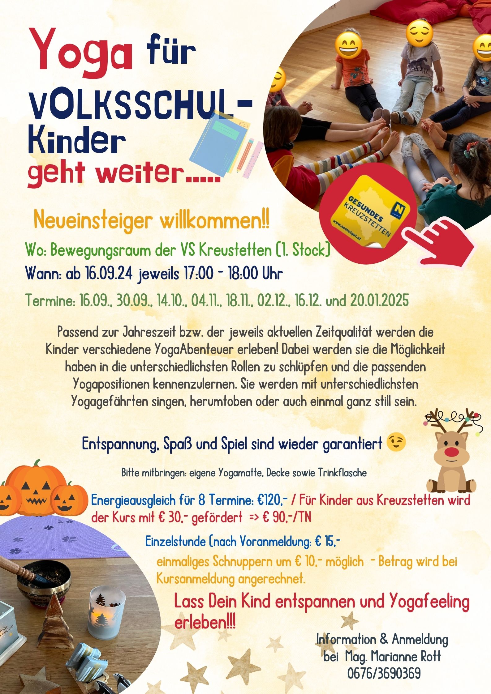 Plakat mit Details zum Yogakurs für Volksschulkinder in Niederkreuzstetten im Herbst 2024